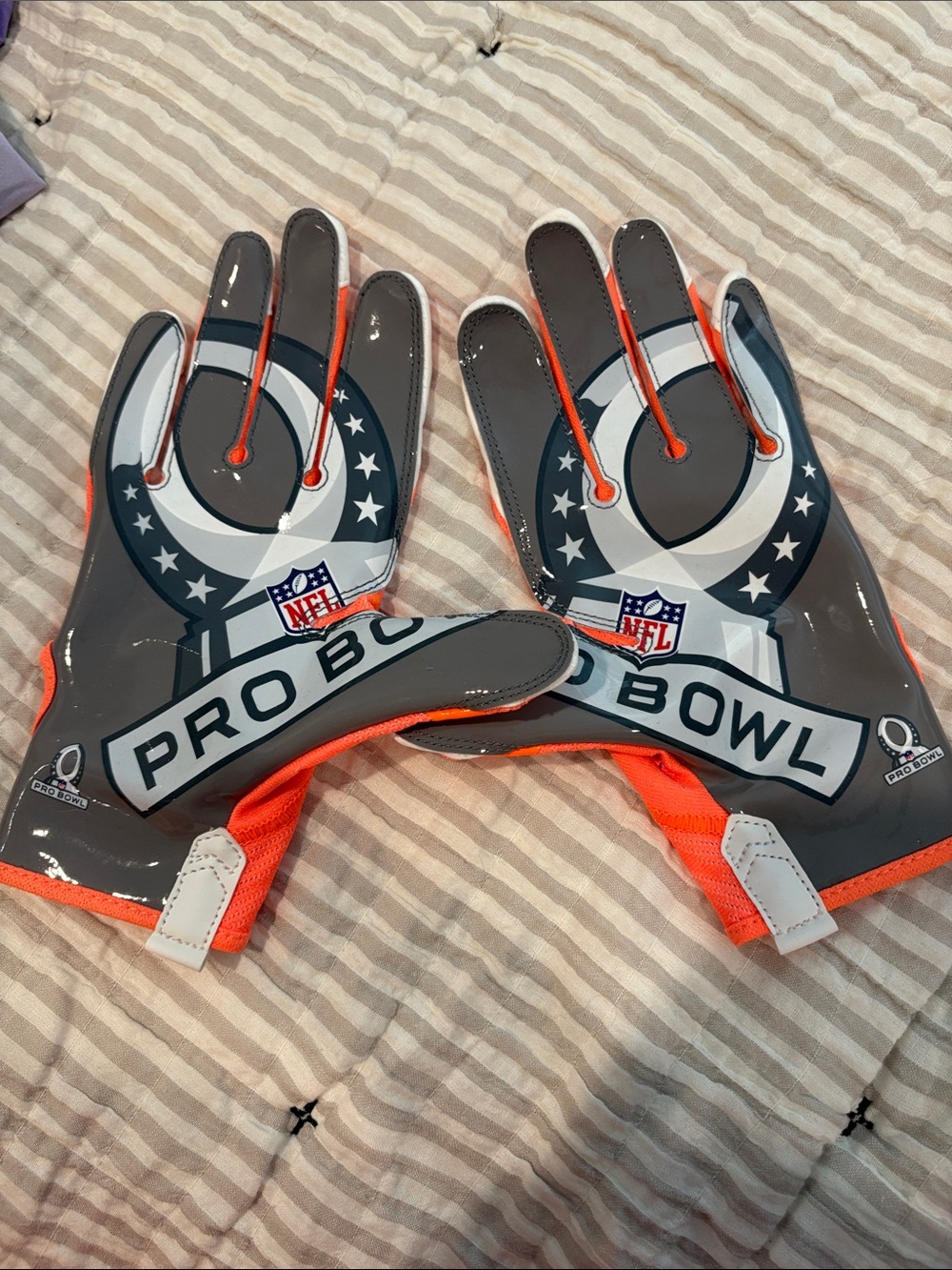 NFL Pro Bowl Gloves in Gray and Orange with Navy Accents